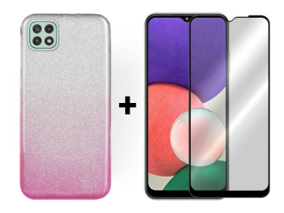 9D SKLO + PUZDRO 2v1 pre Samsung Galaxy A22 5G - Glitter ružovo strieborné