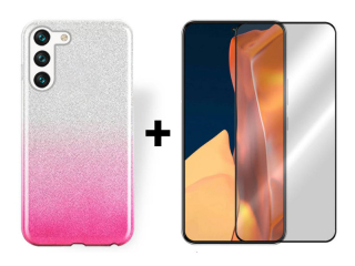 SKLO + PUZDRO 2v1 pre Samsung Galaxy S23 5G - Glitter ružovo strieborné