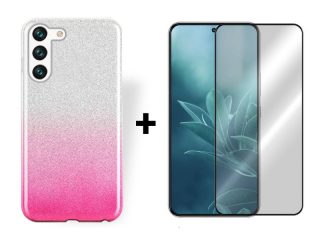 SKLO + PUZDRO 2v1 pre Samsung Galaxy S23 Plus 5G - Glitter ružovo strieborné