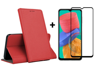 9D SKLO + PUZDRO 2v1 pre Samsung Galaxy M13 - Knižkové Smart Magnet červené