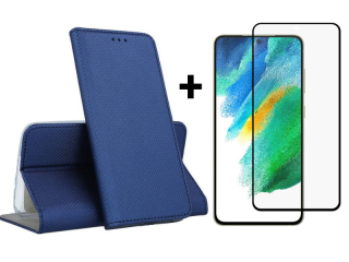 9D SKLO + PÚZDRO 2v1 pre Samsung Galaxy S21 FE 5G - Knížkove Magnet modré