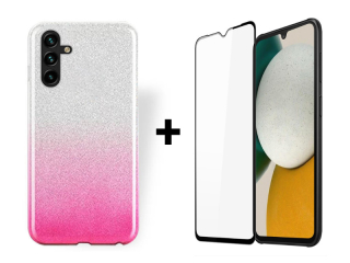 9D SKLO + PUZDRO 2v1 pre Samsung Galaxy A34 5G - Glitter strieborno ružové