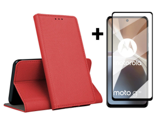 9D SKLO + PUZDRO 2v1 pre Motorola Moto G32 - Knižkové MAGNET červené