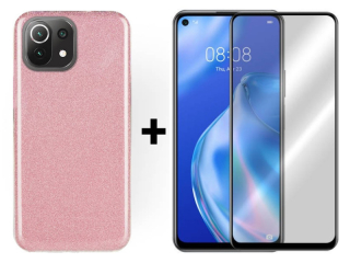 9D SKLO + PÚZDRO 2v1 pre Xiaomi Mi 11 Lite 4G / 5G - Glitter ružové