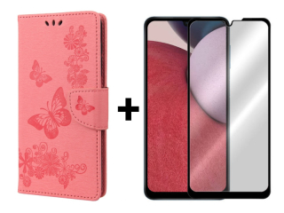 SKLO + PUZDRO 2v1 pre Samsung Galaxy A14 / A14 5G - Knižkové Butterfly ružové