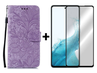 9D SKLO + PUZDRO 2v1 pre Samsung Galaxy A54 5G - Knižkové FLOWER fialové
