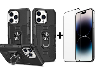 SKLO + PUZDRO 2v1 pre iPhone 15 Pro Max - Tvrdené RING HOLDER čierne