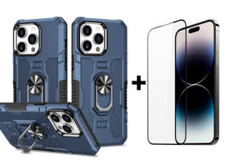 SKLO + PUZDRO 2v1 pre iPhone 15 Pro Max - Tvrdené RING HOLDER modré