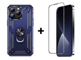 SKLO + PUZDRO 2v1 pre iPhone 15 Pro - Tvrdené RING Armor modré