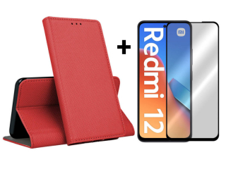 9D SKLO + PUZDRO 2v1 pre Xiaomi Redmi 12 - Knižkové SMART MAGNET červené
