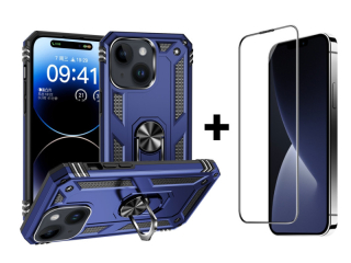 SKLO + PUZDRO 2v1 pre iPhone 15 - Tvrdené RING ARMOR modré