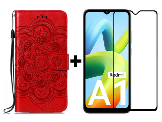 SKLO + PUZDRO 2v1 pre Xiaomi Redmi A1 / Redmi A2 - Knižkové MANDALA červené