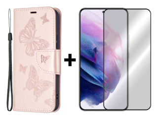 SKLO + PUZDRO 2v1 pre Samsung Galaxy S22 - Knižkové Butterflies ružové