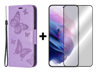 SKLO + PUZDRO 2v1 pre Samsung Galaxy S22 - Knižkové Butterflies fialové