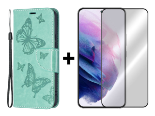 SKLO + PUZDRO 2v1 pre Samsung Galaxy S22 - Knižkové Butterflies zelené