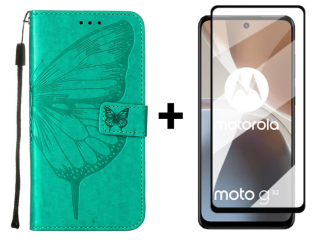 SKLO + PUZDRO 2v1 pre Motorola Moto G32 - Knižkové BUTTERFLY zelené