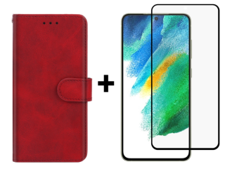 SKLO + PUZDRO 2v1 pre Samsung Galaxy S21 FE 5G - Knižkové SOLID červené