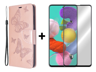 SKLO + PUZDRO 2v1 pre Samsung Galaxy A51 - Knižkové puzdro BUTTERFLY ružové