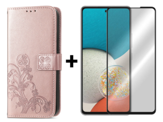 SKLO + PUZDRO 2v1 pre Samsung Galaxy A53 5G - Knižkové puzdro LEAF ružové