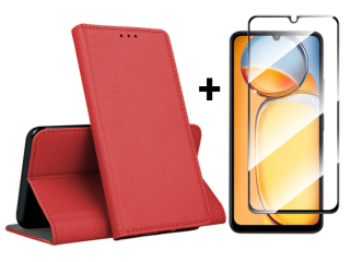SKLO + PUZDRO 2v1 pre Xiaomi Redmi 13C - Knižkové puzdro MAGNET červené