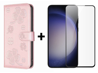 SKLO + PUZDRO 2v1 pre Samsung Galaxy S24 5G - Knižkové puzdro LEAF ružové