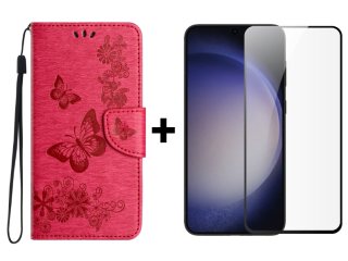 SKLO + PUZDRO 2v1 pre Samsung Galaxy S24 5G - Knižkové puzdro BUTTERFLY ružové