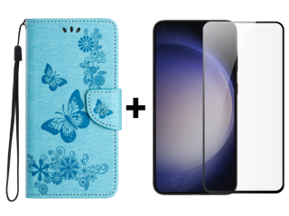 SKLO + PUZDRO 2v1 pre Samsung Galaxy S24 5G - Knižkové puzdro BUTTERFLY modré
