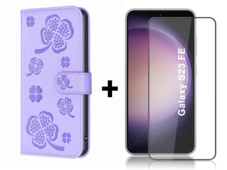 SKLO + PUZDRO 2v1 pre Samsung Galaxy S23 FE - Knižkové puzdro LEAF fialové
