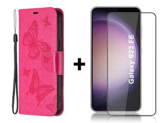 SKLO + PUZDRO 2v1 pre Samsung Galaxy S23 FE - Knižkové puzdro BUTTERFLY ružové