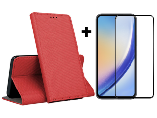 SKLO + PUZDRO 2v1 pre Samsung Galaxy A55 5G - Knižkové puzdro MAGNET červené
