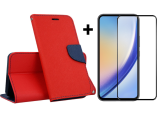 SKLO + PUZDRO 2v1 pre Samsung Galaxy A55 5G - Knižkové puzdro FANCY červeno modré