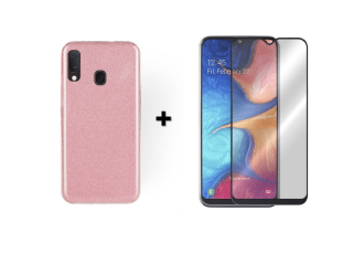 9D SKLO + PÚZDRO 2v1 pre Samsung Galaxy A20e Glitter ružové