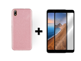 9D SKLO + PÚZDRO 2v1 pre Xiaomi Redmi 7A Glitter ružové