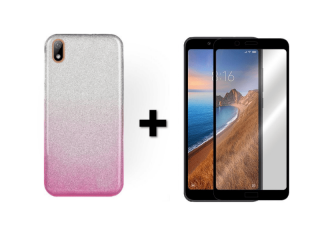 9D SKLO + PÚZDRO 2v1 pre Xiaomi Redmi 7A Glitter ružovo strieborné