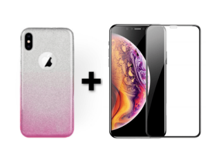 9D SKLO + PÚZDRO 2v1 pre Apple iPhone X, XS Glitter ružovo strieborné