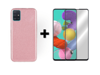9D SKLO + PÚZDRO 2v1 pre Samsung Galaxy A51 Glitter ružové