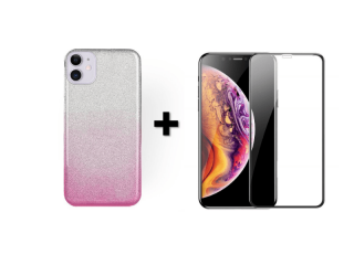 9D SKLO + KRYT 2v1 pre Apple iPhone 11 Glitter ružovo strieborné