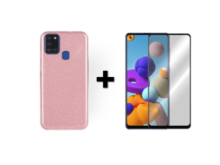 9D SKLO + PÚZDRO 2v1 pre Samsung Galaxy A21s Glitter ružové