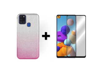 9D SKLO + PÚZDRO 2v1 pre Samsung Galaxy A21s Glitter ružovo strieborné