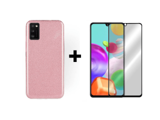 9D SKLO + PÚZDRO 2v1 pre Samsung Galaxy A41 glitter ružové