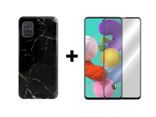 9D SKLO + PÚZDRO 2v1 pre Samsung Galaxy A51 marble čierne