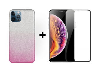 9D SKLO + KRYT 2v1 pre Apple iPhone 12 pro max glitter ružoov strieborné