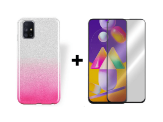 9D SKLO + PÚZDRO 2v1 pre Samsung Galaxy M51 Glitter ružovo strieborné