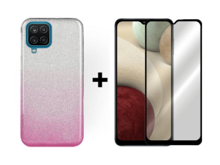 9D SKLO + PÚZDRO 2v1 pre Samsung Galaxy A12 Glitter strieborno ružové
