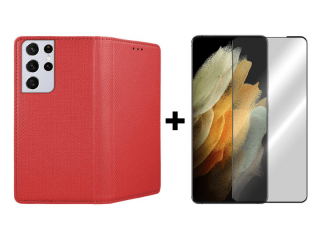 9D SKLO + PÚZDRO 2v1 pre Samsung Galaxy S21 Ultra - Knižkové magnet červené