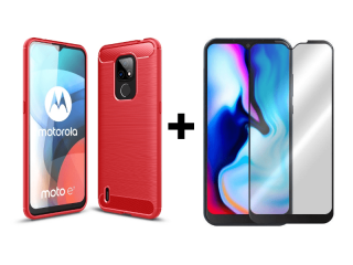 9D SKLO + PÚZDRO 2v1 pre Motorola Moto E7 - Carbon červené