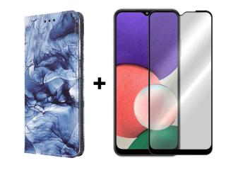 9D SKLO + PÚZDRO 2v1 pre Samsung Galaxy A22 5G - Knižkové marble 7