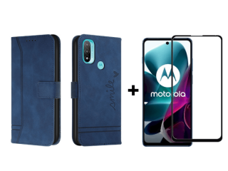 9D SKLO + PUZDRO 2v1 pre Motorola Moto E20 / E40 - Knižkové Smile modré