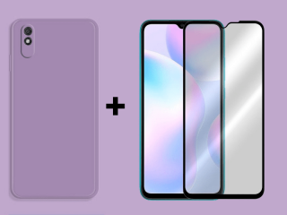 9D SKLO + PÚZDRO 2v1 pre Xiaomi Redmi 9A - Silikonové fialové
