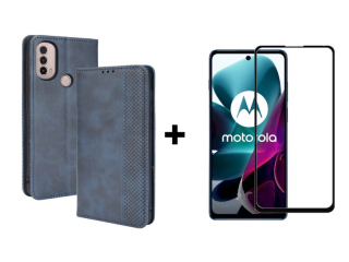 9D SKLO + PUZDRO 2v1 pre Motorola Moto E20 / E40 - Knižkové Retro modré